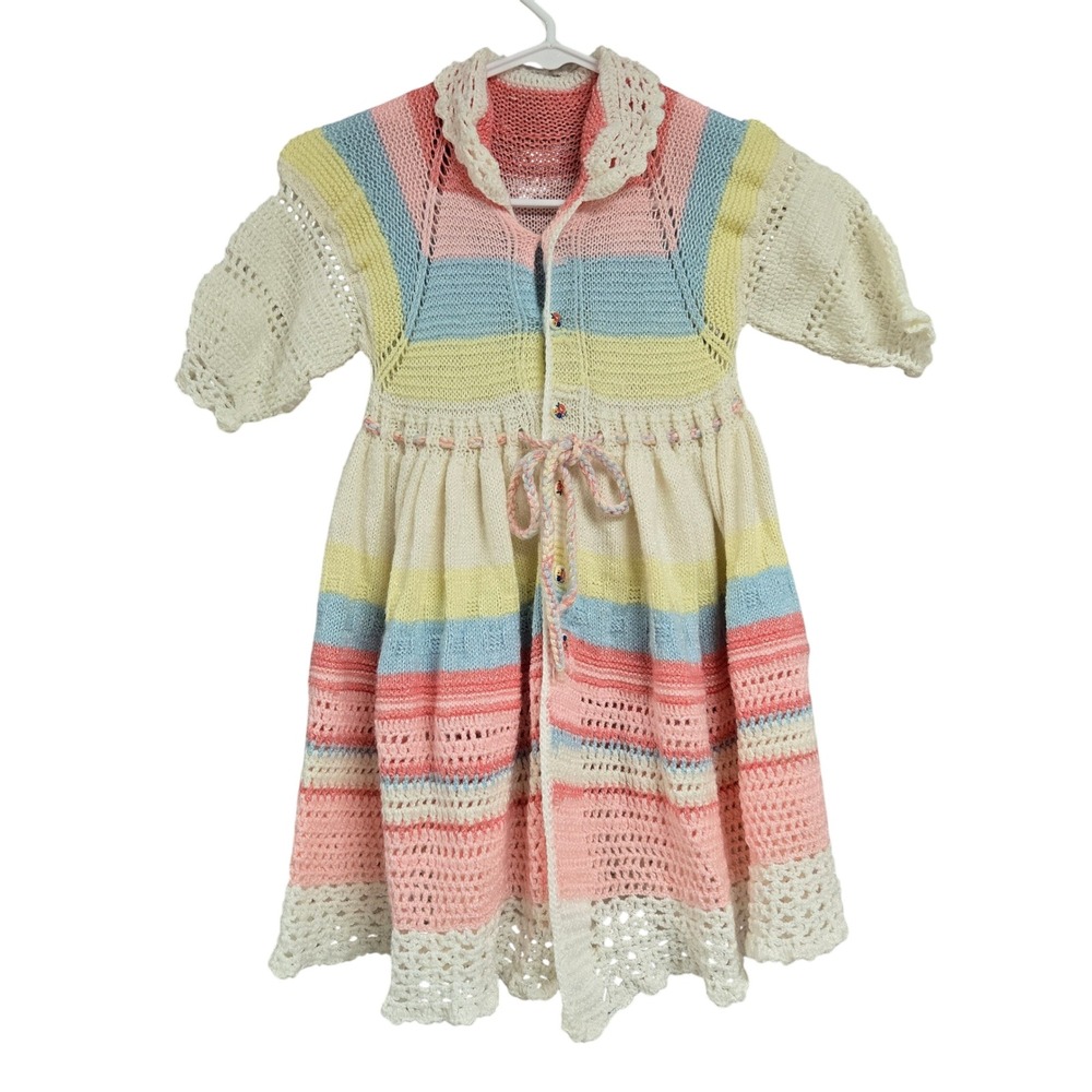 Vintage Handmade Knit Pastel Striped Dress Floral Buttons Crochet Trim Sz 2T-3T